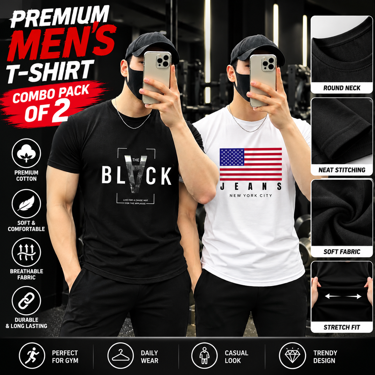 Men's Graphic T-Shirt Combo Pack of 2 | Black & White Printed Cotton Tee