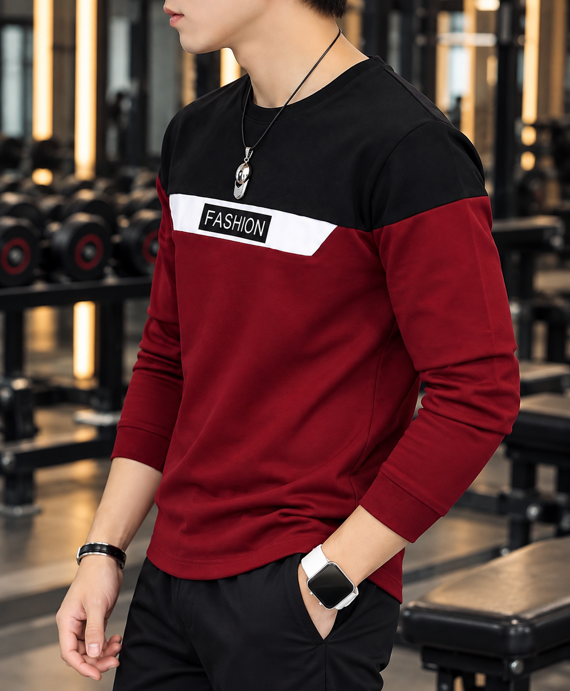 Men's Full Sleeve Sweatshirt | Maroon Color Block "FASHION" Print | Casual & Gym Wear