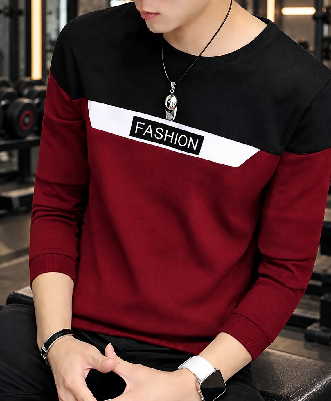 Men's Full Sleeve Sweatshirt | Maroon Color Block "FASHION" Print | Casual & Gym Wear