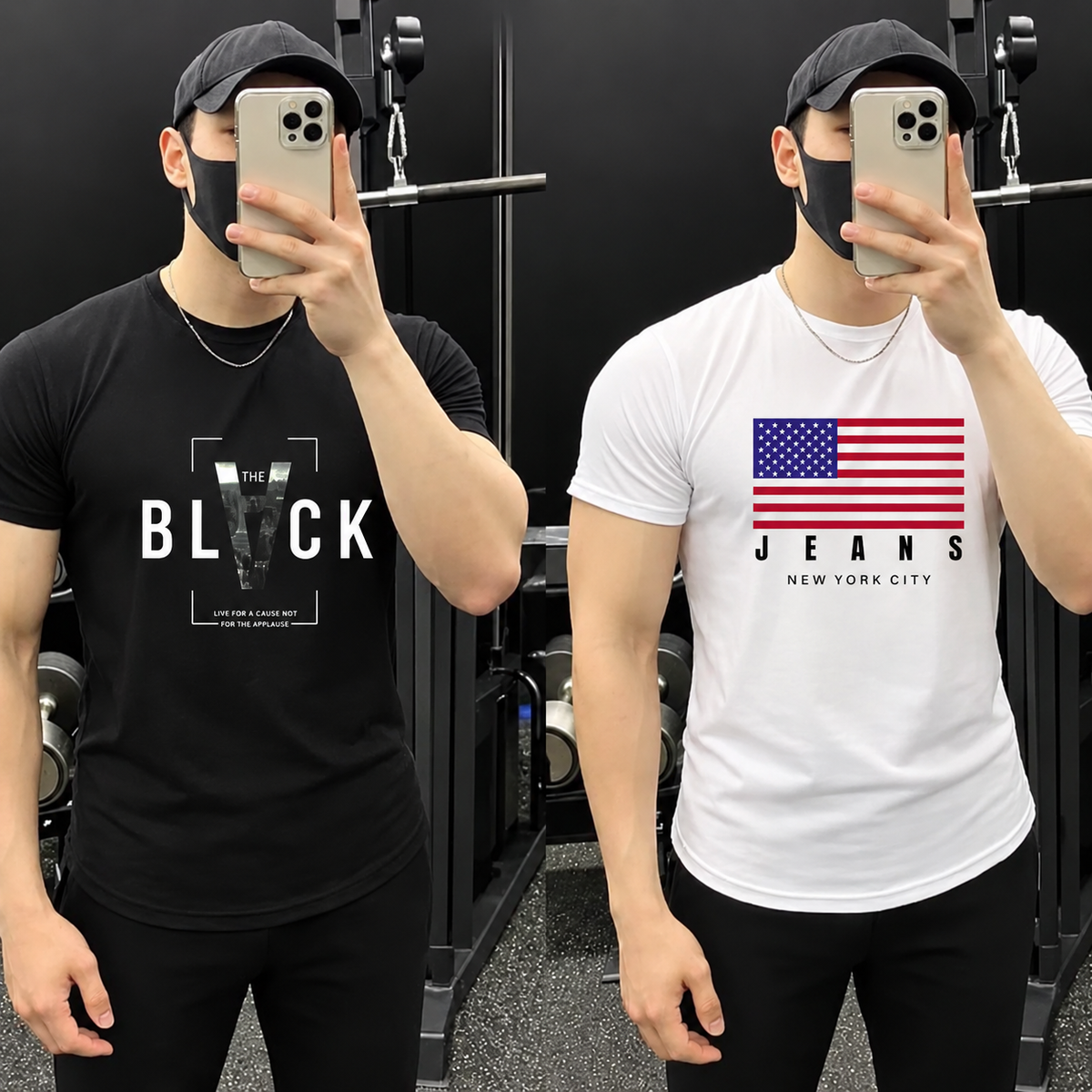 Men's Graphic T-Shirt Combo - Black BLVCK & White American Flag Print