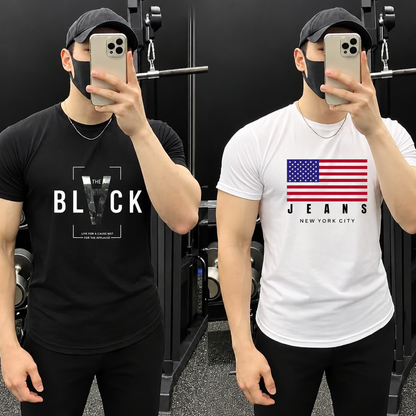 Men's Graphic T-Shirt Combo - Black BLVCK & White American Flag Print
