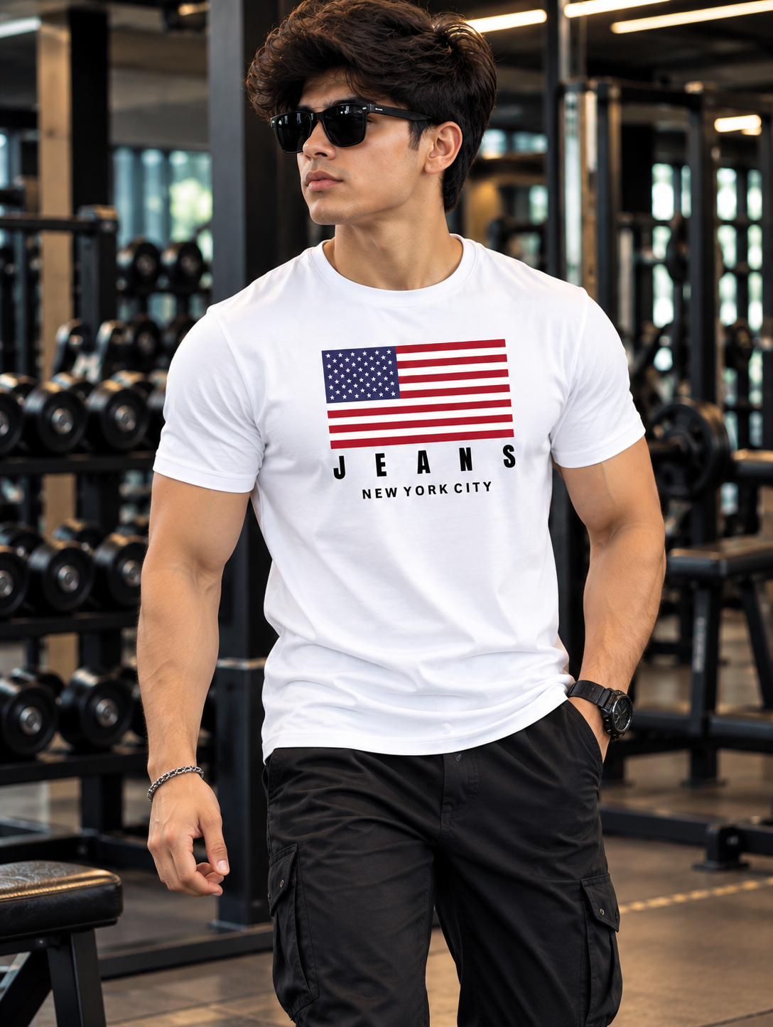 ELABOT Men's White American Flag JEANS New York City Graphic T-Shirt
