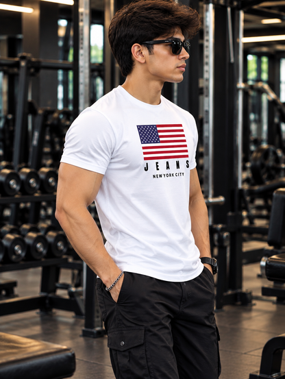 Men's White Graphic T-Shirt | American Flag "JEANS New York City" Print | Premium Cotton