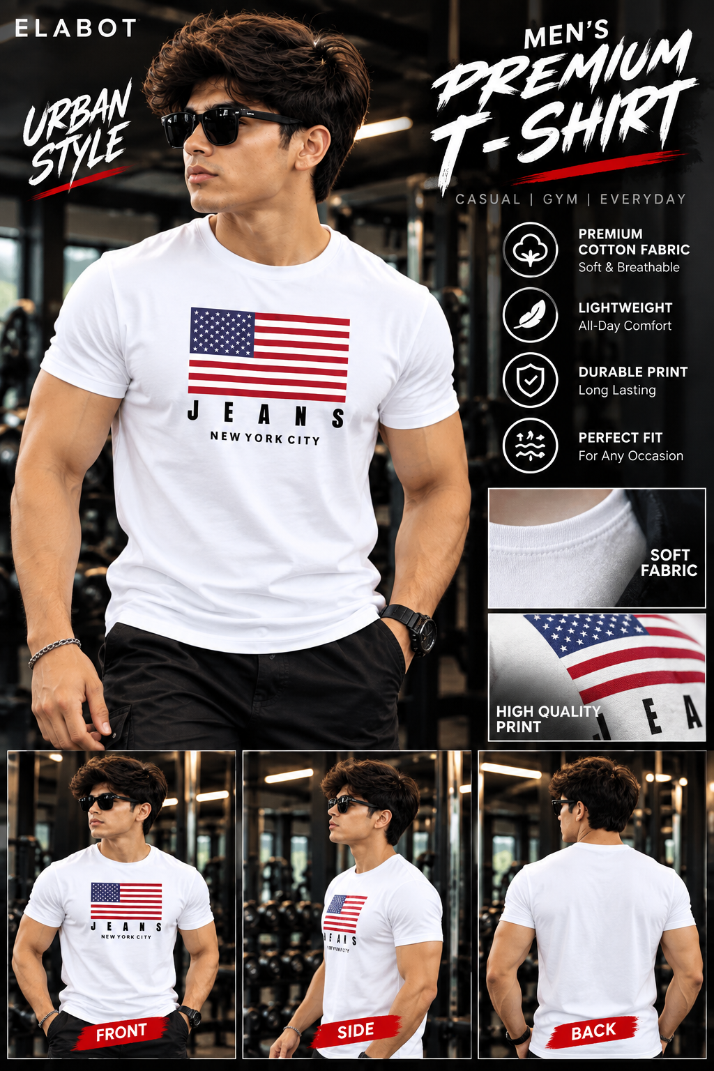 Men's White Graphic T-Shirt | American Flag "JEANS New York City" Print | Premium Cotton