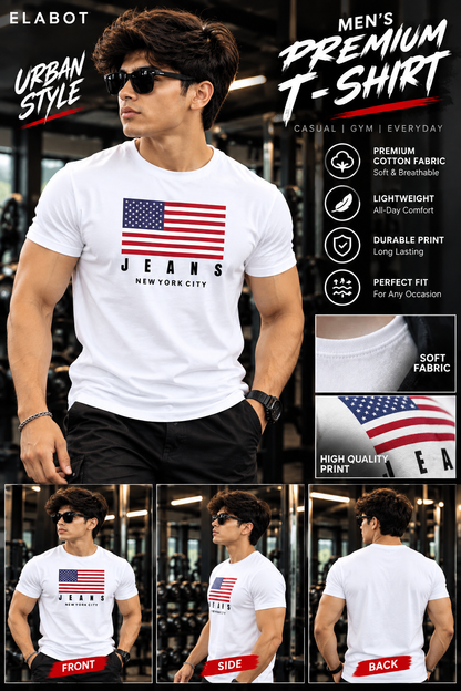 Men's White Graphic T-Shirt | American Flag "JEANS New York City" Print | Premium Cotton
